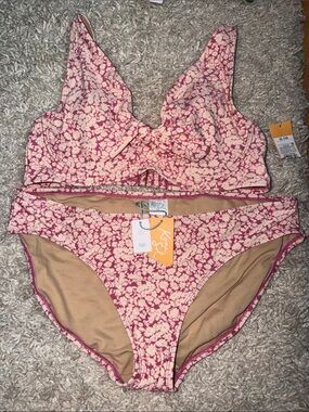 Kona Sol Pink and Cream Floral Bikini Set